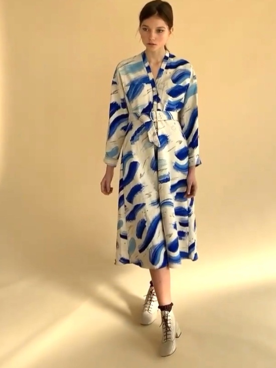 Heinui Dresses & Skirts - Claire Heinui Blue Brushstroke Print Samira Dress with Belt